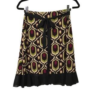 Paper Doll Black Green Purple Geometric Pattern Ruffled Hem Belted Skirt Sm